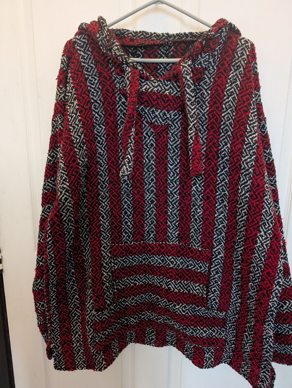 Men's 90s Grunge Red and Black Striped Hooded Sweater Poncho